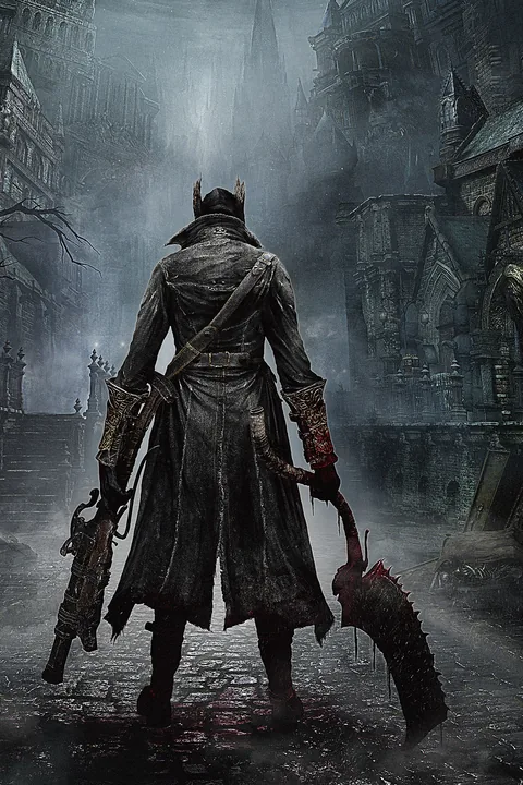 Bloodborne key art with the Hunter standing in Yharnam