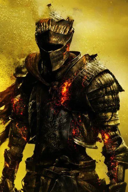 Dark Souls III key art with the Soul of Cinder against a golden sky