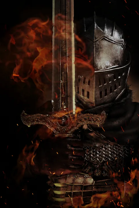 Dark Souls Remastered key art with an armored knight and flaming sword