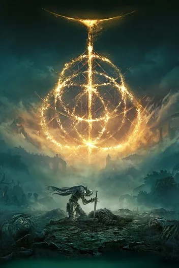 Elden Ring key art with the Elden Ring symbol above a kneeling Tarnished